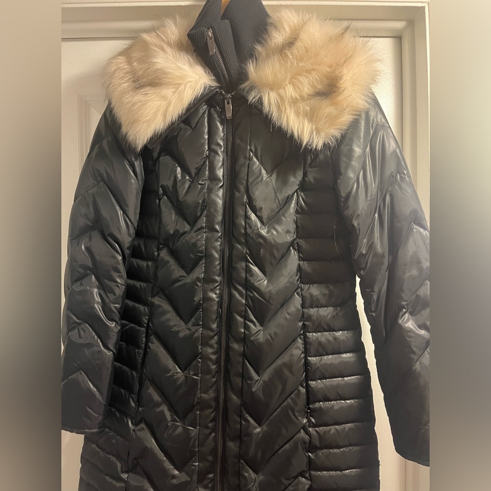 Black Quilted Coat with Faux Fur Trim